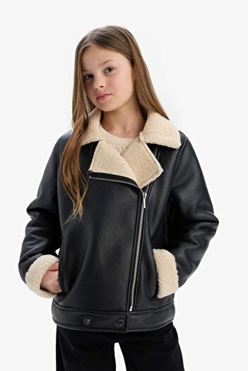 DeFacto Girls' Waterproof Jacket Collar Plush Lining Faux Leather Jacket Coat (25 Au)