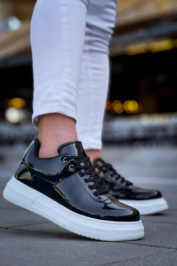 Zerenyus Zrn-X20 Premium High Sole Black Patent Leather Casual Men's Sneaker