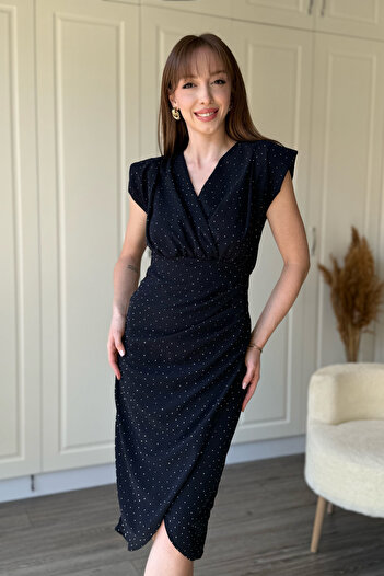 Dilay Gökoğlu Butik Stone Padded Double Breasted Collar Slit Midi Navy Blue Dress