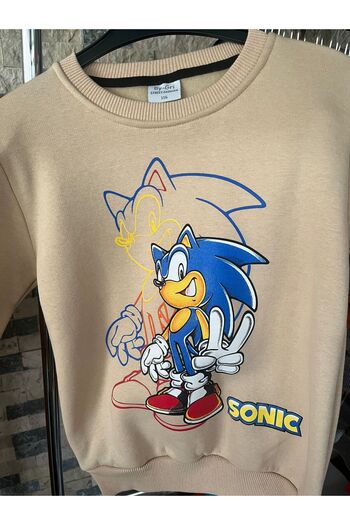 BY-GRİ Sonic Front and Sleeve Printed Three-Thread Ribbed Boys' Sweatshirt