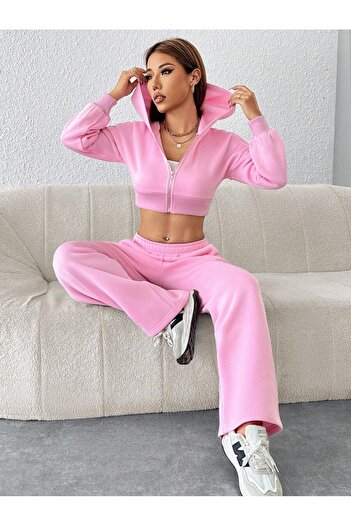 S&A DESIGN Pink Short Pocketless Crop Zippered Hooded Cardigan Jacket Sweatshirt