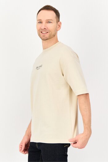 BLANK ESSENTIALS Men Crew Neck Short Sleeve Brand Logo T-Shirt, Beige