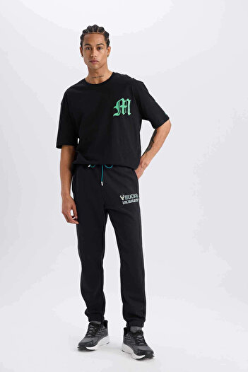 DeFacto D6692 Siyah DeFactoFit NBA Milwaukee Bucks Kalın Jogger Eşofman Altı Standart Fit Cepli Beli