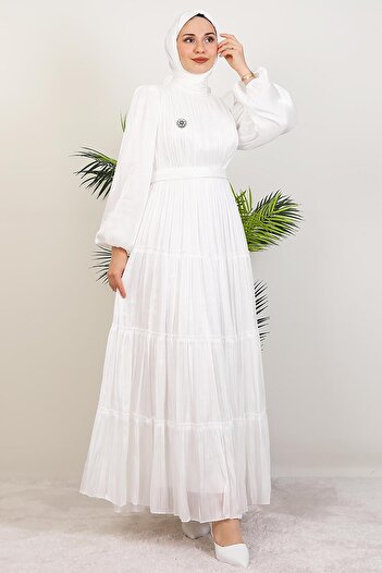 GİYZAMİLA Aydeniz Brooch Evening Dress White