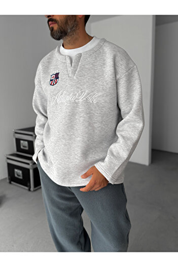 BYBASICMAN Gray V-Neck Atlanta Embroidered Sweatshirt Hm-0006