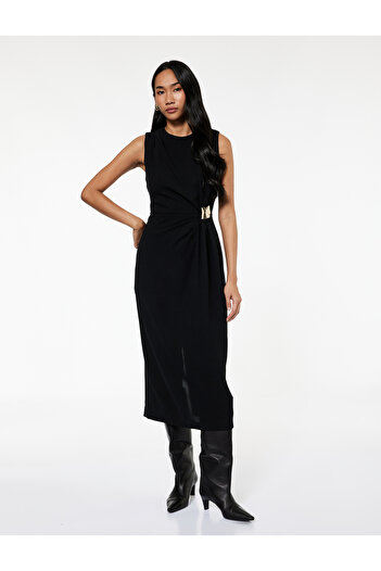 Koton Crape Fabric Draped Accessory Detailed Crew Neck Sleeveless Midi Dress