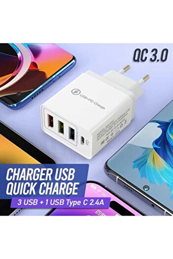 Flippy Fast Charge Charger 32W, Flippy, Quick Charge, 3 USB-A 3.1A & 1 USB-C Ports, 32W, White