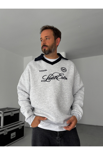 BYBASICMAN Gray V-Neck Limited Embroidered Sweatshirt Hm-0002