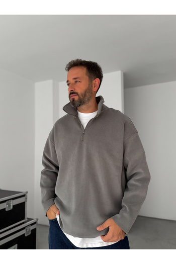 BYBASICMAN Gray Half Zipper Lycra Fleece Sweatshirt Tw-7048