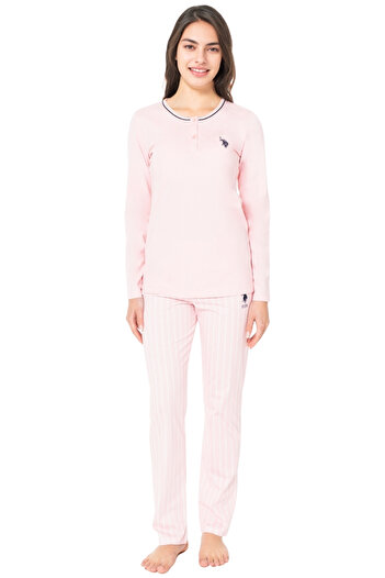 U.S. Polo Assn. Women's Pink Striped Long Sleeve Pajama Set – Cotton Comfortable Home and Sleep Set