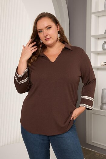 RMG Plus Size Sleeve Embroidery Detail Knitted Blouse Brown
