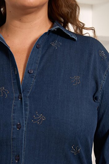 RMG Stone Detailed Plus Size Shirt Navy Blue
