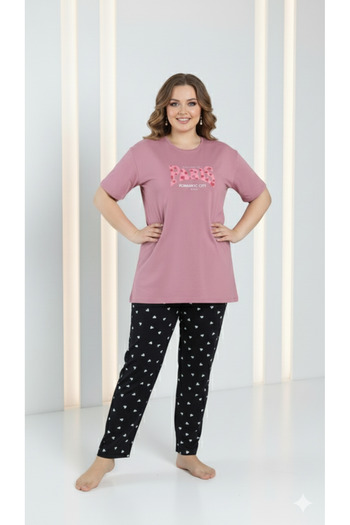FAMES PİJAMA Plus Size Pajama Set Paris Printed