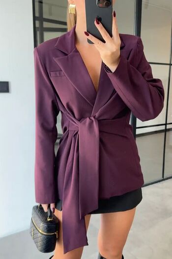 FMN Moda Comfortable Stylish Belted Lining Detail Brand Equivalent Mini Collar Pocket Cool Blazer Jacket