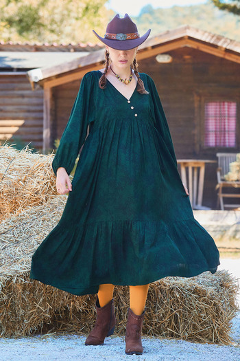 Los banditos Long Dress with Fold Detailed Balloon Sleeves