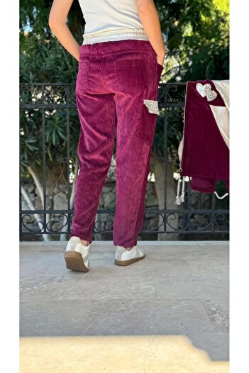Punta Otantik Ls13220 Italian Pocket Stone Velvet Trousers Cherry