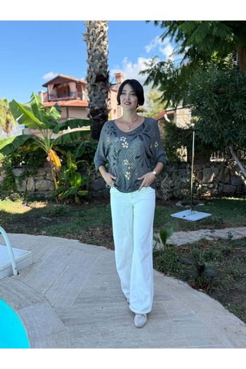 Punta Otantik Ls7514 Italian Leaf Pattern Knitwear Blouse Khaki