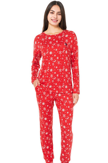 U.S. Polo Assn. Women's Red Snowflake Pattern Pajama Set – Winter Long Sleeve Fleece Home and Sleep Set