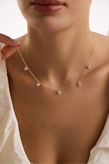 Nereze 925 Ayar Gümüş Gold Kaplama Aquamarin Taşlı Minimal Çiçek Şans Kolye