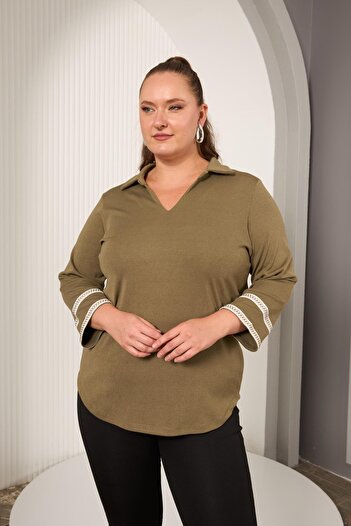 RMG Plus Size Sleeve Embroidery Detail Knitted Blouse Khaki