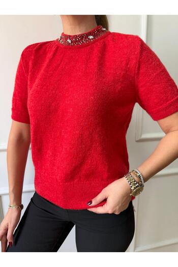 Size Özgü Red Half Sleeve Collar Stone Sweater