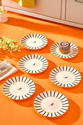 İLİVA 6-Piece Cake Presentation Plate Set - Luxury Modern Bird Pattern Striped Cake Dessert Cookie Plate Set - 17
