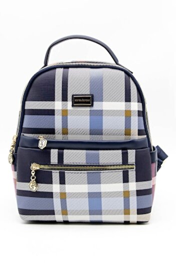 OEM Silver&Polo, Backpack made of -leather with colorblock pattern, White, Navy Blue