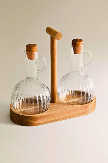 Amentes Borosilicate Glass and Bamboo Oil & Vinegar Bowl Set – Set of 2, with Natural Wood Stand, Stylish Design
