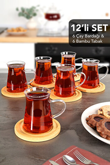 Meleni Home 12 Parça Borosilikat Cam Çay Bardağı Seti - Bambu Bardak Altlığı Kulplu Çay Bardağı 200 ml