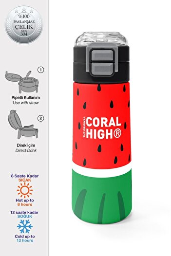 Coral High 31866 Kids Red Green Watermelon Patterned Pipet and Direct Drinking Steel Thermoses 500ml
