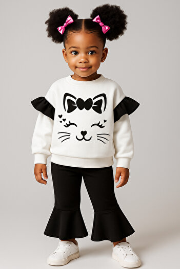 bebekpare Girl's Top and Bottom Set 100% Cotton Spanish Leg Black Cat