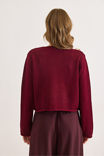 Olalook Women's Burgundy Open Knit Pocketed Buttoned Thick Knitwear Jacket Ckt-19000480