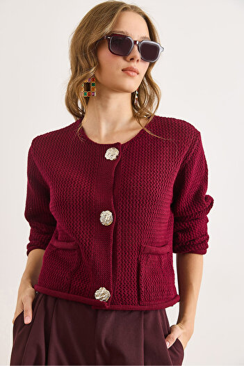Olalook Women's Burgundy Open Knit Pocketed Buttoned Thick Knitwear Jacket Ckt-19000480