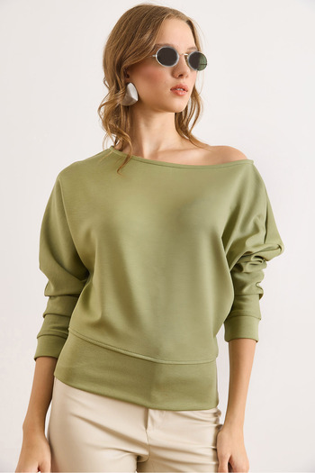 Olalook Women's Oil Green Boat Neck Modal Buttoned Flowy Blouse Blz-19003133