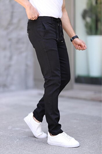 VAJESTO Erkek Siyah Slim Fit Esnek Likralı Armürlü Kaliteli Keten Bağcıklı Şık Pantolon