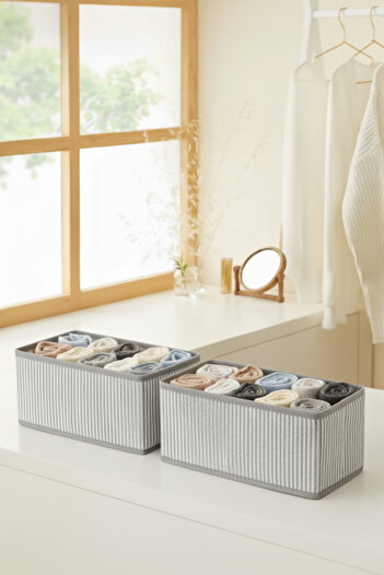 PH Prendi Home 2-Pack Multi-Purpose Closet Drawer Organizer Box Gray Striped Fabric Socks and Underwear Organizer