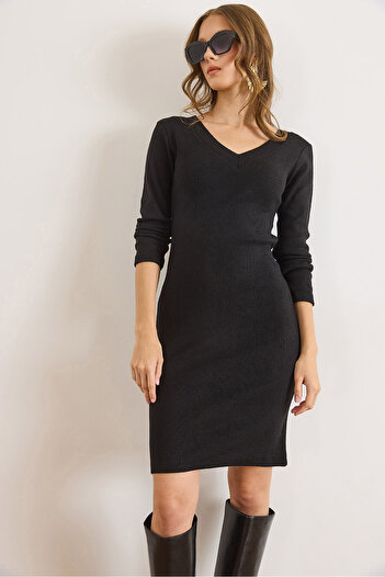 Olalook Women's Black V-Neck Ribbed Basic Stretchy Mini Dress Elb-19002544