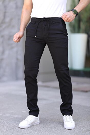 VAJESTO Erkek Siyah Slim Fit Esnek Likralı Armürlü Kaliteli Keten Bağcıklı Şık Pantolon