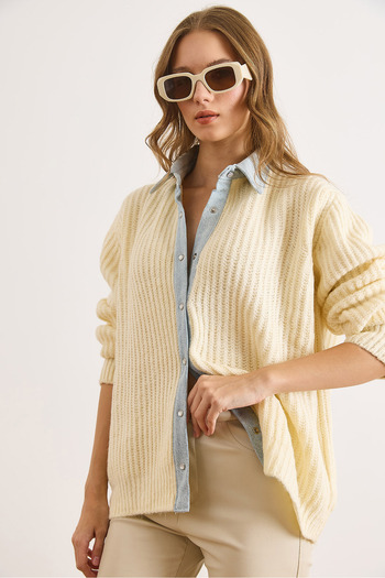 Olalook Women's Ecru Denim Detailed Snap Fastener Knit Shirt Cardigan Hrk-19000417