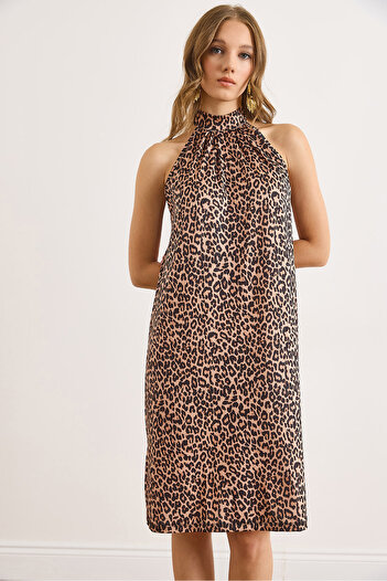 Olalook Women's Leopard Camel Halter Neck Mini Flowy Dress Elb-19002543
