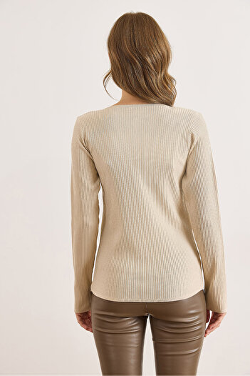 Olalook Women's Beige Collar Detailed Ribbed Stretchy Knit Blouse Blz-19003132
