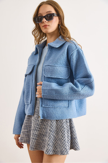 Olalook Women's Blue Zippered Pocket Unlined Cashmere Jacket Ckt-19000482
