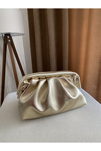 Petek Collection Sienna Burs Gold Bag with Chain Strap and Clasp Closure
