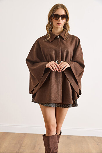 Olalook Women's Brown Belted Cashmere Poncho Cardigan Hrk-19000339