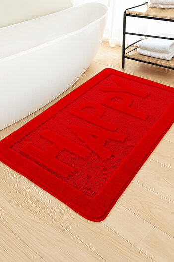 Konfor Halı Natural Non-Slip Base Bath Mat Long Lasting Water Absorbent Washable Written Mat Happy Red 60X100