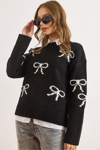 Olalook Women's Black Bow Detailed Soft Textured Thick Knit Sweater Kzk-19001010