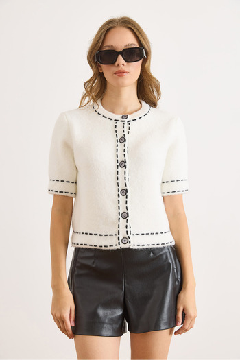 Olalook Women's White Stripe Detailed Soft Textured Crop Beard Cardigan Hrk-19000418