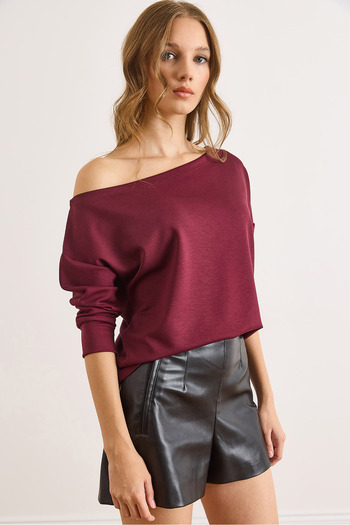 Olalook Women's Burgundy Modal Boat Neck Soft Textured Blouse Blz-19003131