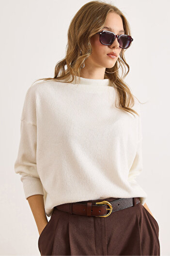 Olalook Women's White Draped High Neck Ribbed Soft Textured Sweater Kzk-19001009