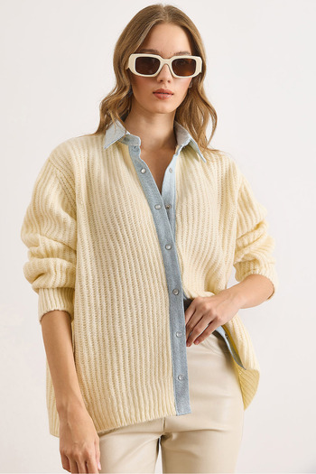 Olalook Women's Ecru Denim Detailed Snap Fastener Knit Shirt Cardigan Hrk-19000417